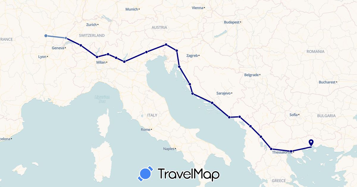 TravelMap itinerary: driving, cycling in Albania, Switzerland, France, Greece, Croatia, Italy, Montenegro, Macedonia, Slovenia (Europe)